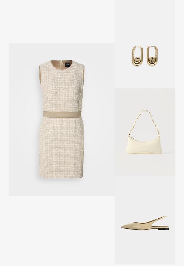 Geweven beige jurk met een gestructureerd patroon, zonder mouwen, ronde halslijn en een bijpassende riem in de taille. Achterzijde met ritssluiting.; Beige platte slingback schoen met puntige neus, lage zwarte hak en een glad leren afwerking, zijaanzicht op een effen achtergrond.; Kleine handtas in crèmekleur met een gebogen vorm en gevlochten kettinghengsel in goudkleur, ritssluiting aan de bovenkant; BOSS DOUBLE B SWING - Oorbellen - gold-coloured