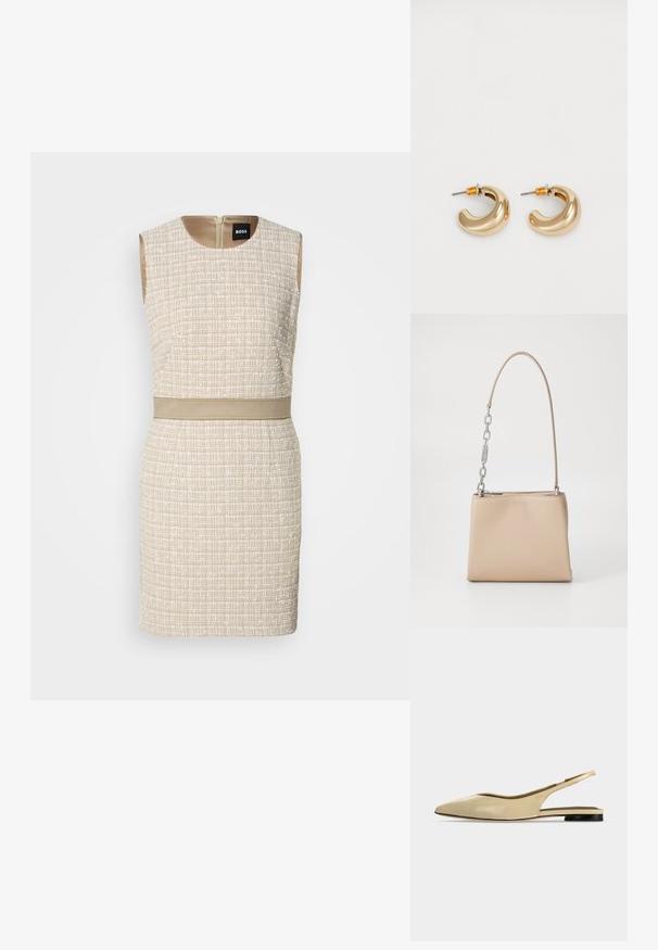Vestido de color beige tejido con un patrón texturizado, diseño sin mangas, escote redondo y un cinturón a juego en la cintura. Cierre de cremallera en la parte posterior.; Zapato plano beige con puntera puntiaguda, diseño slingback, tacón bajo negro y acabado en cuero liso, mostrado de perfil sobre un fondo liso.; Bolso de mano de piel beige con una textura suave, con un acento de cadena plateada en el asa y un cierre de cremallera. "HUGO" grabado en la parte frontal.; Dos pendientes de aro dorados brillantes en un diseño curvado, con acentos naranjas cerca del poste, sobre un fondo blanco liso.