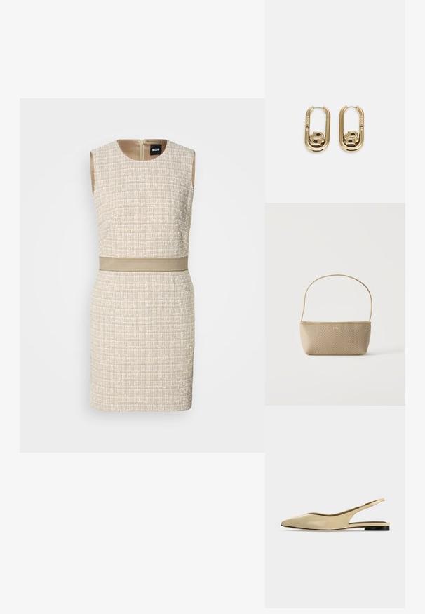 Vestido de color beige tejido con un patrón texturizado, diseño sin mangas, escote redondo y un cinturón a juego en la cintura. Cierre de cremallera en la parte posterior.; Zapato plano beige con puntera puntiaguda, diseño slingback, tacón bajo negro y acabado en cuero liso, mostrado de perfil sobre un fondo liso.; Bolso tejido beige con correa delgada para el hombro y pequeño logo dorado "BOSS" en el frente, presentado sobre un fondo blanco liso.; BOSS DOUBLE B SWING - Pendientes - gold-coloured