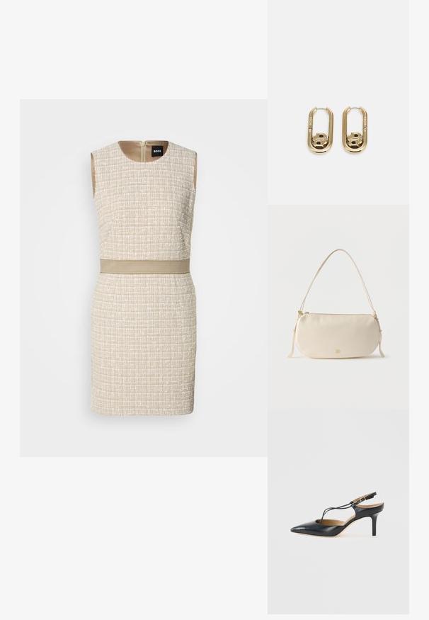 Robe tissée beige avec un motif texturé, design sans manches, encolure ronde et une ceinture assortie à la taille. Fermeture éclair dans le dos.; Chaussure à talon haut en cuir noir, à bride slingback, avec un bout pointu et une fine lanière en T, sur un fond clair uni.; Petit sac à épaule de couleur crème avec une seule sangle, fermeture éclair et logo de marque doré discret à l'avant.; BOSS DOUBLE B SWING - Boucles d'oreilles - gold-coloured