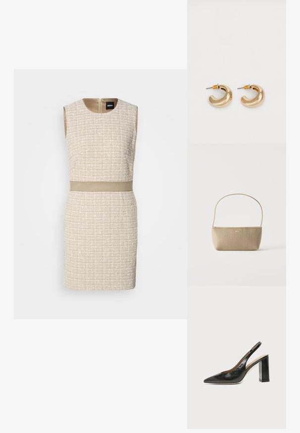 Geweven beige jurk met een gestructureerd patroon, zonder mouwen, ronde halslijn en een bijpassende riem in de taille. Achterzijde met ritssluiting.; Zwarte leren slingback schoen met spits toelopend neusje, hoge blokhak en beige binnenvoering tegen een effen lichte achtergrond.; Beige geweven handtas met dunne schouderriem en klein gouden "BOSS" logo aan de voorkant, getoond tegen een effen witte achtergrond.; Twee glanzende gouden hoepel oorbellen in een gebogen ontwerp, met oranje accenten bij de oorpost, tegen een eenvoudige witte achtergrond.