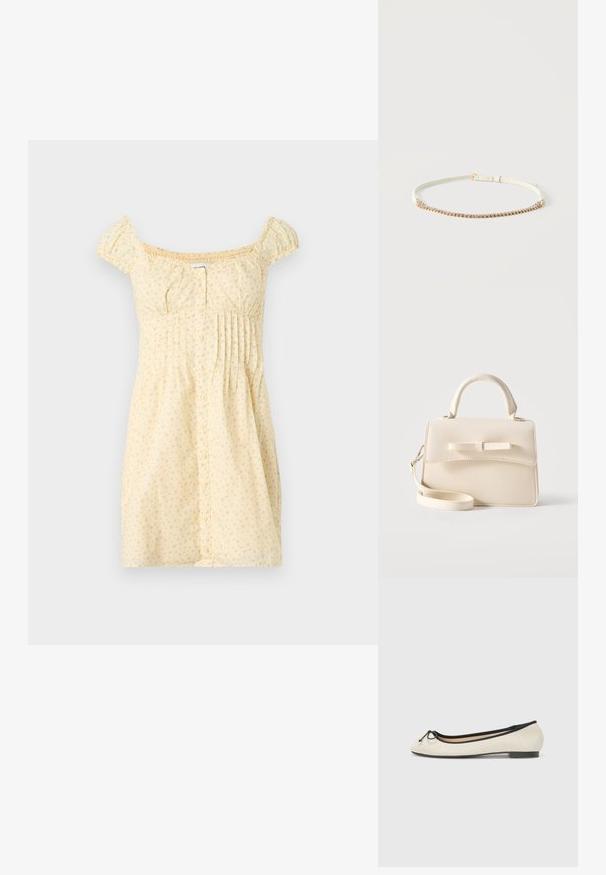 Robe courte jaune avec petit imprimé floral, manches courtes bouffantes, boutonnage devant et plis sur le côté droit sous la poitrine.; Ballerine en textile beige avec une bordure noire. Affiche un bout arrondi et un petit nœud en accent sur le devant. Semelle basse.; Petit sac à main beige avec poignée supérieure, bandoulière amovible, rabat avant et nœud horizontal décoratif sur un fond uni.; Ceinture blanche fine avec une boucle dorée et une seule rangée de petits strass scintillants sur le devant.