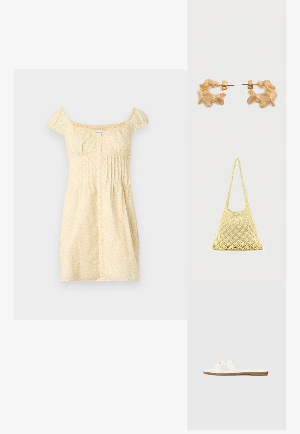 Robe courte jaune avec petit imprimé floral, manches courtes bouffantes, boutonnage devant et plis sur le côté droit sous la poitrine.; Sandale plate blanche avec un design minimaliste, présentant deux brides croisées et des accents en métal doré sur une semelle marron.; Sac en filet macramé jaune avec longue bandoulière et pochette beige à l'intérieur, présenté sur un fond blanc uni.; Boucles d'oreilles dorées avec une forme abstraite et organique, présentant une surface texturée et une fermeture à poussette.