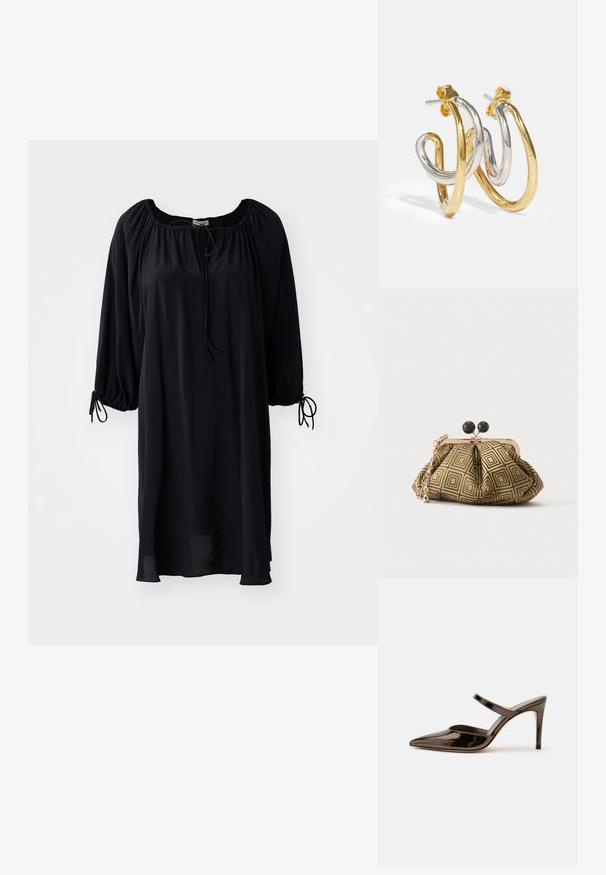 Robe noire, longueur genoux, avec un décolleté en U, un système de fermeture à cordon, et des manches bouffantes avec des détails à nouer aux poignets. Texture de tissu lisse.; Mule à talon haut marron foncé brillant à bout pointu avec une fine bride sur le coup de pied sur fond blanc uni.; Petite pochette avec motif géométrique doré et noir, cadre en métal doré, fermeture à boule noire et une courte chaîne dorée.; Boucles d'oreilles en créoles entrelacées en or et en argent avec des finitions lisses et brillantes ; elles disposent d'un fermoir à tige pour un port sécurisé.