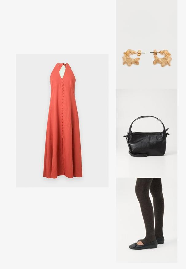 Robe corail sans manches avec col halter, boutons recouverts de tissu sur le devant courant le long du centre et une légère texture froissée.; Jambes portant des leggings côtelés foncés associés à des ballerines noires avec de petits détails en nœud sur fond blanc.; Sac à main en cuir noir au design structuré, avec une poignée arrondie et une bandoulière amovible. Présente une texture lisse et un éclat subtil.; Boucles d'oreilles dorées avec une forme abstraite et organique, présentant une surface texturée et une fermeture à poussette.