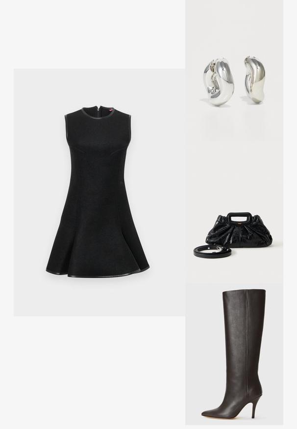 Robe noire sans manches avec une jupe évasée, en tissu texturé, coutures courbes et fermeture éclair au dos. Accentuée d'une bordure noire.; Botte en cuir noire, montée jusqu'au genou, avec un bout pointu, un design épuré et un fin talon haut. Texture lisse et minimalisme des détails.; Petit sac à main en cuir noir avec texture froncée, poignée rectangulaire et fine bandoulière amovible placée à côté.; Boucles d'oreilles sculpturales en argent avec des formes douces et courbes et des surfaces réfléchissantes. Présentent un design de boucle fermée et une forme organique distincte.