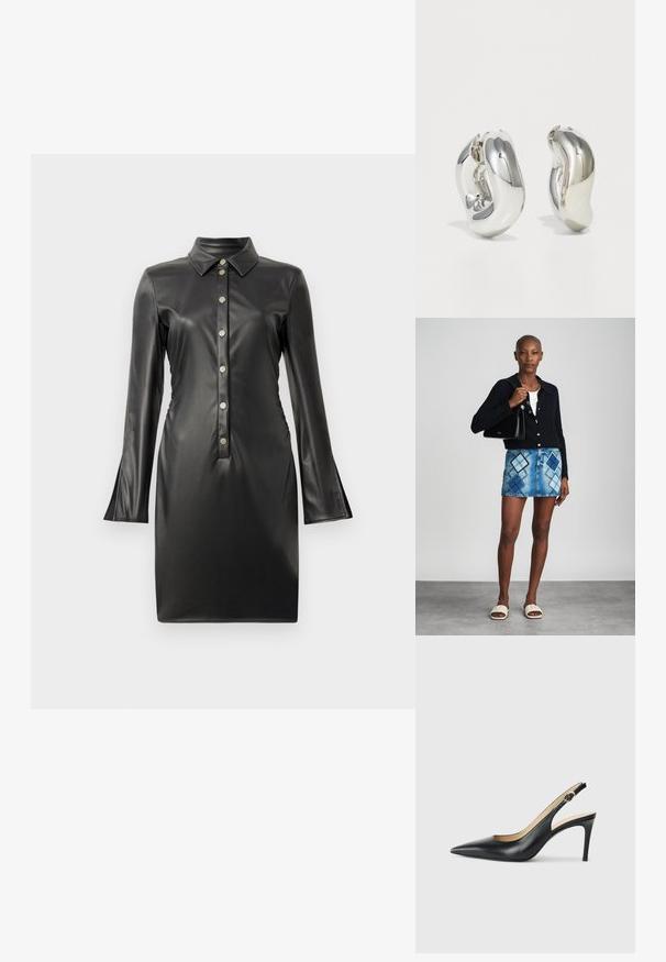 Schwarzes Kunstlederkleid mit langen, ausladenden Ärmeln, Kragen und einer Knopfleiste mit runden silbernen Knöpfen. Glatte Textur.; Schwarze Leder-Slingback-High-Heels mit spitzem Zehenbereich, verstellbarem Riemen und schlankem Stiletto-Absatz, ausgestattet mit einer glatten Oberfläche.; Schwarze Strickjacke, weißes Oberteil, Jeansrock mit blauem und schwarzem Diamantenmuster, schwarze Handtasche und beige Rutschsandalen.; Silberne skulpturale Ohrringe mit glatten, geschwungenen Formen und reflektierenden Oberflächen. Sie verfügen über ein geschlossenes Ringdesign und eine ausgeprägte organische Form.