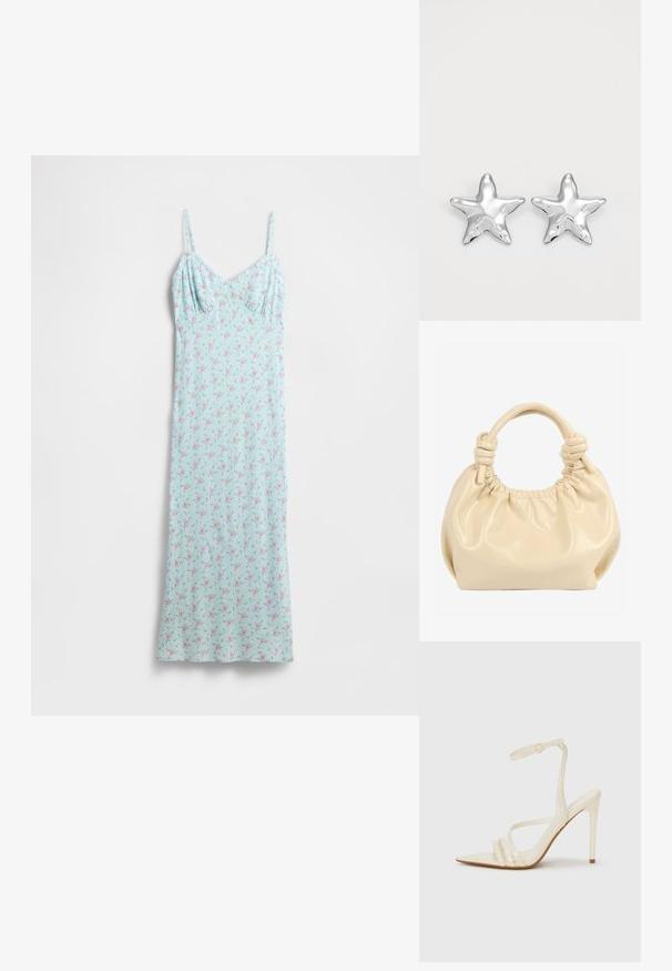 Vestido azul claro con un estampado floral en rosa y verde. Tirantes finos y un corpiño ajustado que da paso a una falda fluida. Textura de tela suave.; Sandalias de tacón alto beige con punta estrecha, que cuentan con tres tiras frontales y una tira delgada en el tobillo con hebilla. Textura lisa, diseño minimalista.; Bolso de mano de piel suave color crema con parte superior fruncida y asas dobles anudadas sobre fondo blanco.; Pendientes en forma de estrella plateada con una superficie pulida y brillante. Cada pendiente presenta cinco puntas y sutiles detalles de textura en la superficie.