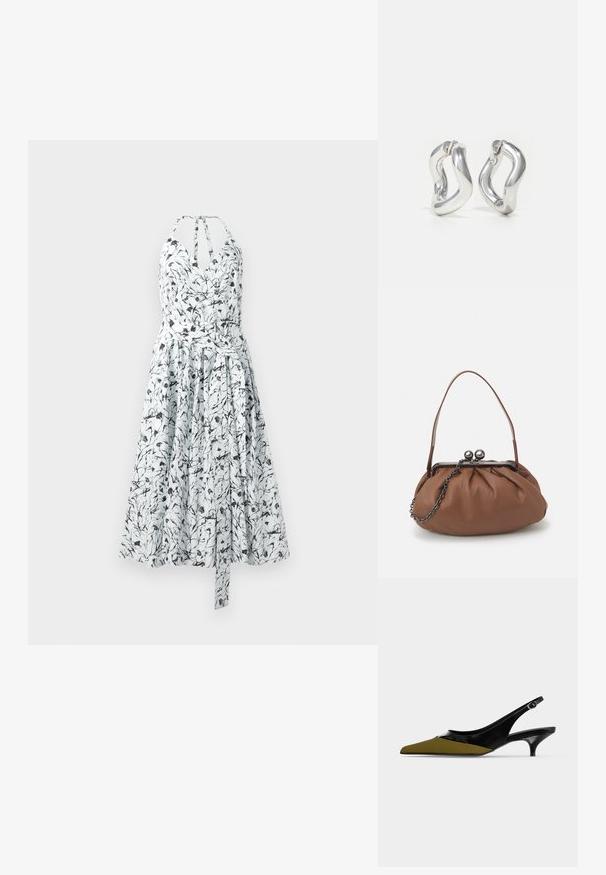 Blomstertrykt sommerkjole i hvid og sort, med en indviklet bodice, halterneck, samlet nederdel og justerbar snøring i taljen.; Spids tå slingback kitten heel sko i sort lak og olivengrøn læder med lille spænde og lav hæl.; Brun læderhåndtaske med en samlet design, en kort læderhank og en kædestrop. Har en sølvmetalspænde med to runde pynt.; Sølv øreringe i hoop-design med snoet mønster. Runde kanter og blank finish. Åbne lukninger for nem brug. Glat tekstur over det hele.