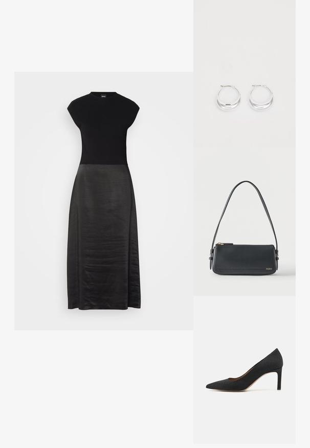 Vestido negro con un cuerpo ajustado y una falda fluida y sedosa. Mangas cortas, escote redondo, textura suave y diseño hasta los tobillos.; Zapato de tacón alto negro con puntera afilada, superficie texturizada, tacón delgado de 3 pulgadas y un forro interior suave, diseñado con una silueta clásica.; Bolso de hombro rectangular de cuero negro con cremallera dorada y pequeño logo dorado "HUGO" en el frente, con una correa ajustable con hebilla.; Pendientes de aro de plata con un acabado pulido y la marca DKNY, exhibidos sobre un fondo blanco liso.