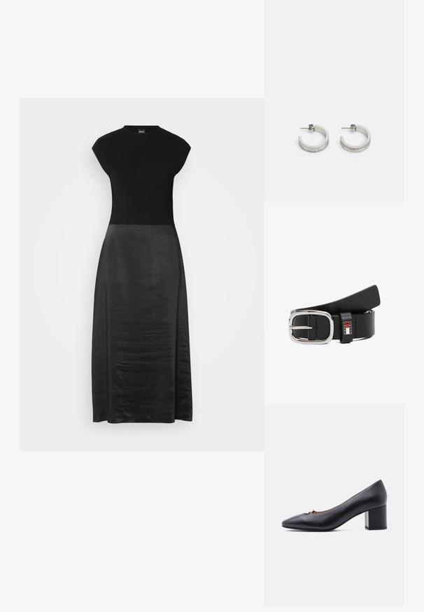 Vestido negro con un cuerpo ajustado y una falda fluida y sedosa. Mangas cortas, escote redondo, textura suave y diseño hasta los tobillos.; Zapato de tacón medio de cuero negro con punta ligeramente puntiaguda y pequeño detalle de hebilla metálica en el lateral superior.; Pendientes de aro plateados con una superficie lisa y una fila de pequeñas piedras transparentes a lo largo del borde inferior, con cierre de perno.; Cinturón de cuero negro con una hebilla plateada brillante. Presenta un lazo con una etiqueta de logo, textura suave y diseño recto.