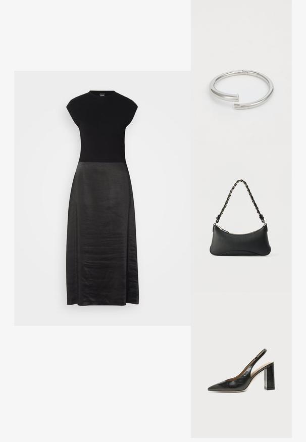 Vestido negro con un cuerpo ajustado y una falda fluida y sedosa. Mangas cortas, escote redondo, textura suave y diseño hasta los tobillos.; Zapato slingback de piel negra con puntera puntiaguda, tacón alto y ancho, y forro interior beige sobre un fondo claro y liso.; Bolso de hombro de cuero negro con forma rectangular curvada, cadena dorada entrelazada en una correa negra trenzada y cierre superior con cremallera.; Calvin Klein SPIRAL - Pulsera - silver-coloured