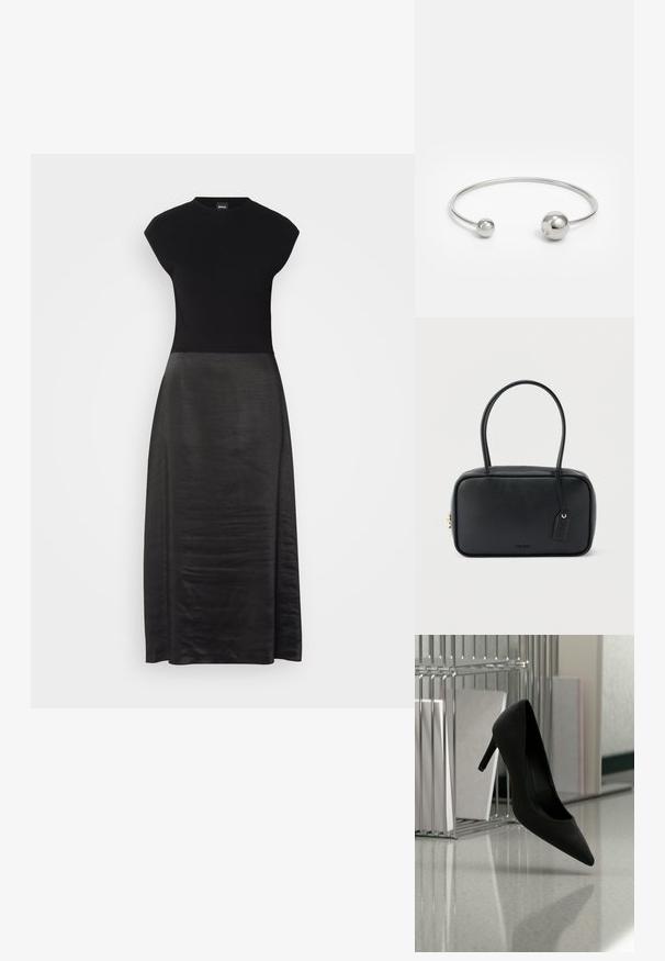Vestido negro con un cuerpo ajustado y una falda fluida y sedosa. Mangas cortas, escote redondo, textura suave y diseño hasta los tobillos.; Zapato negro de tacón alto equilibrado sobre el tacón en una encimera reflectante junto a portadocumentos metálicos con carpetas blancas.; Bolso rectangular negro con asas dobles redondeadas, cremallera dorada y logo "HUGO" en relieve en el frente con etiqueta de cuero adjunta.; Brazalete de metal plateado con dos acentos esféricos en cada extremo, superficie lisa, diseño abierto y forma elegante y minimalista.