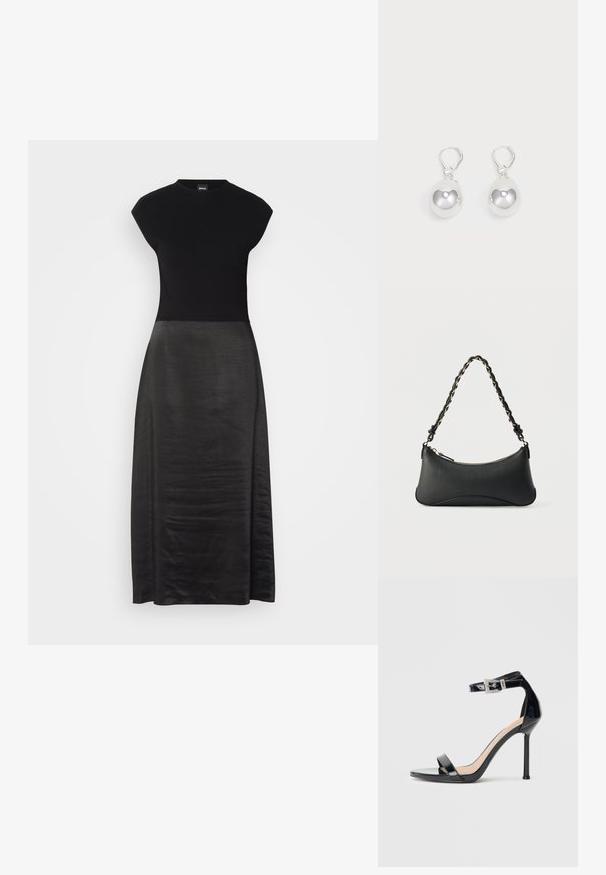 Vestido negro con un cuerpo ajustado y una falda fluida y sedosa. Mangas cortas, escote redondo, textura suave y diseño hasta los tobillos.; Sandalia de tacón alto en piel sintética negra con correa en el tobillo. Presenta un diseño minimalista, punta abierta y una hebilla con detalles de pedrería.; Bolso de hombro de cuero negro con forma rectangular curvada, cadena dorada entrelazada en una correa negra trenzada y cierre superior con cremallera.; Pendientes de plata en forma de gota con superficies redondas y reflectantes colgando de cierres de palanca. El fondo es blanco liso.