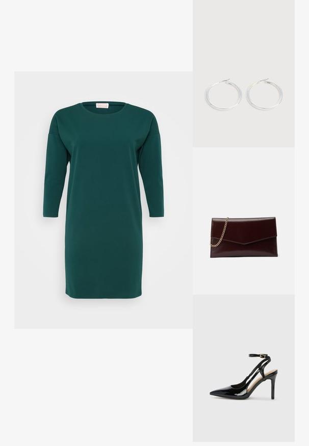 Vestido verde oscuro, hasta las rodillas, hecho de una tela suave. Presenta un escote redondo y mangas de tres cuartos con un corte holgado y sin patrones visibles.; Zapato de charol negro de tacón alto, tipo slingback, con punta afilada, correa ajustable en el tobillo y lados abiertos. Textura lisa.; Bolso de mano de cuero en burdeos oscuro con diseño de sobre. Presenta una cadena dorada, textura suave y cierre en forma de punta.; Pareja de pendientes de aro plateados brillantes con cierres de alambre delgado, mostrados sobre un fondo gris claro.