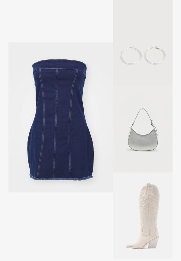 Mørkeblå denim uden stropper med lodrette syninger, frynset kant og kontrastfuld hvid syning. Den tætsiddende design fremhæver silhuetten.; Hvide læder cowboystøvler med spidse tæer og blokhæle. Har intrikate syninger på skaftet og en glat tekstur.; Sølv faux læder håndtaske med en buet form, kort justerbar strop og glat overflade, præget af minimal syning.; Par skinnende sølvøreringe med tynde trådlåse, vist på en lys grå baggrund.