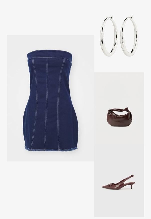 Mørkeblå denim uden stropper med lodrette syninger, frynset kant og kontrastfuld hvid syning. Den tætsiddende design fremhæver silhuetten.; Bordeaux læder slingback hæl med spidse tå, justerbar rem og dekorativ sløjfedetalje foran. 7,5 cm hælhøjde.; Mørkebrun læder skuldertaske med en blød, afslappet form og et snoet knudehåndtag på en ensartet hvid baggrund.; Sølv hoops øreringe med en glat, reflekterende overflade. Rund, stor form med en sikker lås øverst. Den polerede finish fremhæver glansen.
