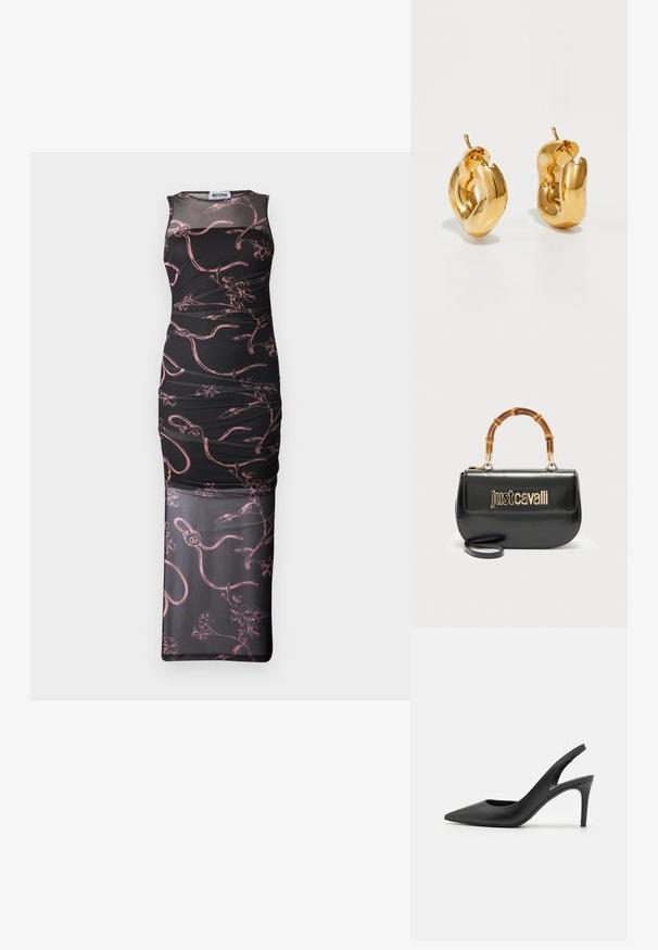 Schwarzes ärmelloses Kleid mit figurnahem Schnitt, das mit pinken Blumen- und abstrakten Linienmustern, einem Netzüberzug und geraffter Textur versehen ist.; Schwarze Leder Slingback High Heels mit einem spitzen Zehendesign, das an der Vorderseite ein Ausschnitt hat und einen dünnen Stilettoblock. ; Schwarze Lederhandtasche mit goldenem "Just Cavalli"-Logo auf der Vorderseite und gebogenem Bambusgriff, ausgestattet mit einem abnehmbaren langen Riemen.; Fette goldene Creolen mit einem leicht verdrehten, röhrenförmigen Design und Steckverschlüssen auf einem weißen Hintergrund.