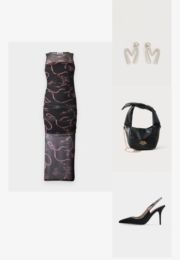 Schwarzes ärmelloses Kleid mit figurnahem Schnitt, das mit pinken Blumen- und abstrakten Linienmustern, einem Netzüberzug und geraffter Textur versehen ist.; Schwarzer spitzer Slingback-Pumps mit dünnem Stiletto-Absatz und "LOVE MOSCHINO" Text auf dem Riemen und Rand.; Schwarze weiche Lederhandtasche von Love Moschino mit geknotetem Griff und goldenem Kettenriemen auf weißem Hintergrund.; Paar silberfarbene Metallohrringe in Form des kantigen Buchstabens M mit abgerundeten Stegen auf weißem Hintergrund.
