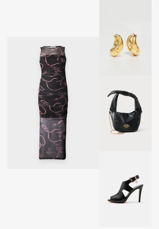 Schwarzes ärmelloses Kleid mit figurnahem Schnitt, das mit pinken Blumen- und abstrakten Linienmustern, einem Netzüberzug und geraffter Textur versehen ist.; Schwarze Leder-Sandalette mit hohem Absatz, offenem Zehenbereich, seitlichen Ausschnitten, Knöchelriemen, goldener Schnalle und kleinem rundem Anhänger auf hellem Hintergrund.; Schwarze weiche Lederhandtasche von Love Moschino mit geknotetem Griff und goldenem Kettenriemen auf weißem Hintergrund.; Goldene Creolen mit einer glatten, geschwungenen Form und polierter Oberfläche. Mit einem Verschlussmechanismus und leichten Einkerbungen für Details.