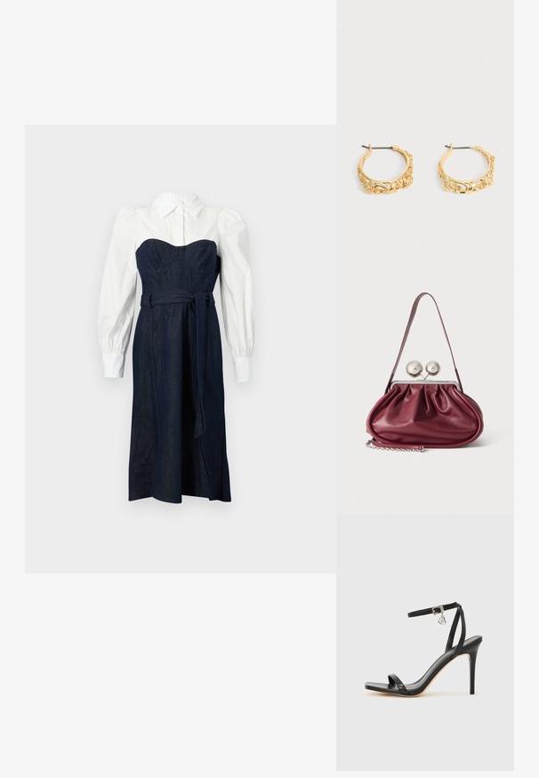 Denim jurk met een gestructureerde donkerblauwe lijfje en witte overhemdstijl mouwen. Heeft een getailleerde taille en bijpassend strikceintuur.; Zwarte sandaal met hoge hak, smalle enkelband, vierkante neus, soepel leermateriaal en metalen gespsluiting.; Kleine bordeaux leren handtas met geplooide details, een dunne band en een zilveren sluiting met twee grote ronde knoppen.; Set gouden creolen met sierlijke bloem- en bladreliëf op een neutrale achtergrond.