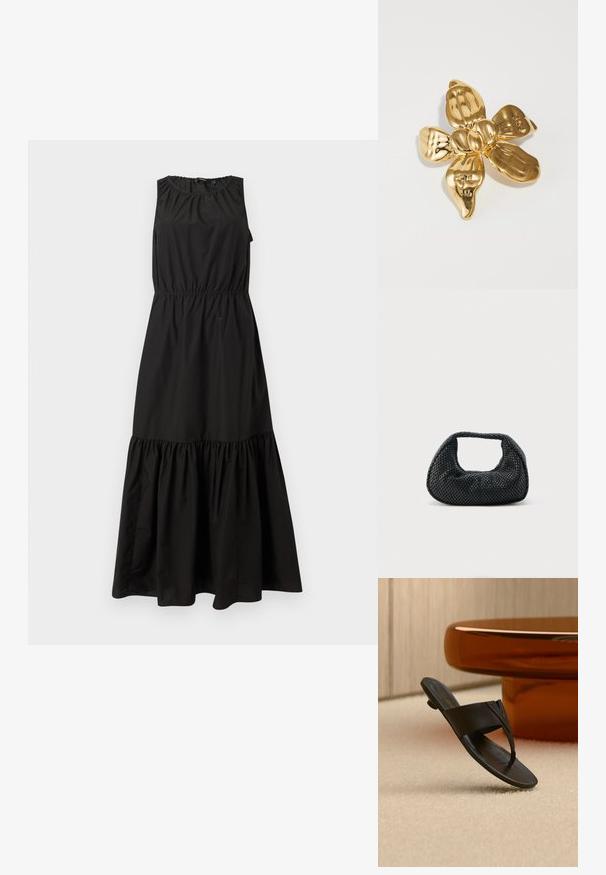 Robe noire sans manches dotée d'une taille élastique, d'un col froncé et d'un ourlet à volants en niveaux, fabriquée en tissu léger.; Sandale en cuir noir avec talon bas flottant au-dessus d'un tapis beige près d'une table ronde marron dans un cadre intérieur minimaliste.; Sac hobo tissé noir avec une structure souple et une poignée intégrée, présenté sur un fond clair uni.; Broche en or en forme de fleur avec cinq pétales courbés, dotée d'une finition brillante et d'un centre arrondi, mettant en valeur des textures lisses et réfléchissantes.