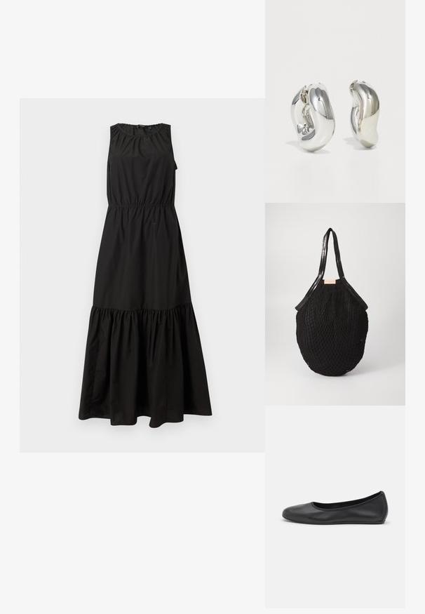 Robe noire sans manches dotée d'une taille élastique, d'un col froncé et d'un ourlet à volants en niveaux, fabriquée en tissu léger.; Ballerines en cuir noir avec un bout rond, texture lisse, détails de couture minimalistes et design de semelle flexible.; Sac fourre-tout noir tissé en forme ovale, avec des poignées lisses et un design texturé en filet. Étiquette visible sur le côté.; Boucles d'oreilles sculpturales en argent avec des formes douces et courbes et des surfaces réfléchissantes. Présentent un design de boucle fermée et une forme organique distincte.