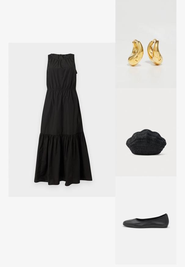Robe noire sans manches dotée d'une taille élastique, d'un col froncé et d'un ourlet à volants en niveaux, fabriquée en tissu léger.; Ballerines en cuir noir avec un bout rond, texture lisse, détails de couture minimalistes et design de semelle flexible.; Sac à main en osier noir en forme de coquille Saint-Jacques avec un dessus courbé et une texture tressée sur un fond uni.; Boucles d'oreilles en or en forme de d'anneaux lisses et courbés avec une finition polie. Équipées d'un mécanisme de fermeture et de légères indentations pour le détail.