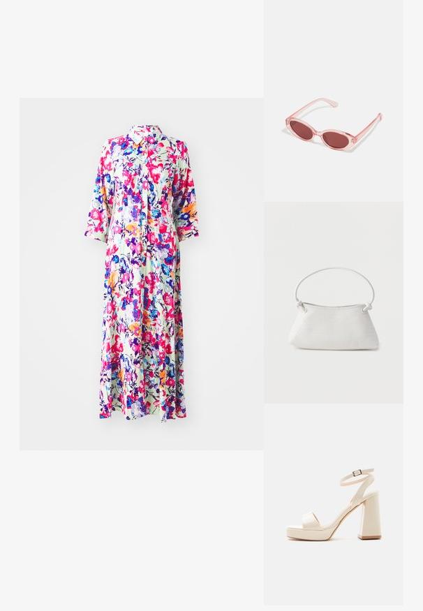 Blomstret maxikjole med krave, prydet med flerfarvede blomster på en lys baggrund; lavet af letvægtsstof, har lange ærmer og knaplukning.; Beige platformsandal med tyk blokhæl, åben tå og ankelrem med metalspænde på hvid baggrund.; Lyserøde transparente solbriller med ovale linser, mørkerød toning og slanke stænger, der har en glat overflade og diskret detaljering på rammen.; Hvid fletlæderhåndtaske med afrundet håndtag og ender på remmen, der er knyttet, vist mod en ensfarvet baggrund.