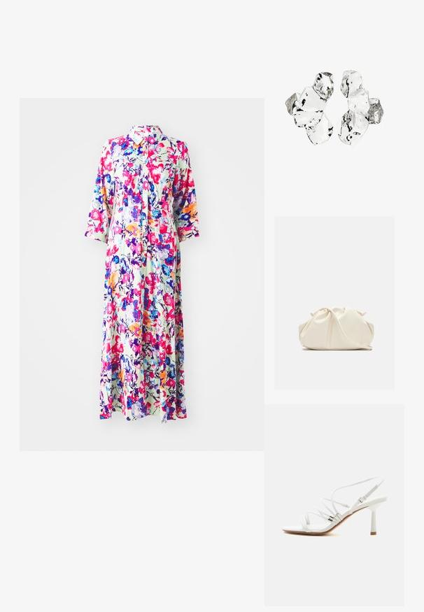 Bloemrijke maxi-jurk met kraag, met kleurrijke bloemen op een lichte achtergrond; gemaakt van lichte stof, heeft lange mouwen en een knoopsluiting.; Witte sandaal met hoge hak en dunne bandjes, zilveren accenten, een vierkante neus en een smalle middenhoge hak op een effen witte achtergrond.; Zachte, crèmekleurige leren clutch met geplooid, gerimpeld ontwerp en een dunne schouderriem die vooraan op een effen achtergrond ligt.; Cluster van zes onregelmatig gevormde, doorschijnende en reflecterende glasachtige stukken die zijn gerangschikt op een witte achtergrond.