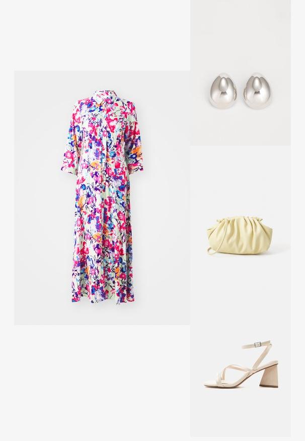 Blomstret maxikjole med krave, prydet med flerfarvede blomster på en lys baggrund; lavet af letvægtsstof, har lange ærmer og knaplukning.; Beige åben tå sandal med blokhæl, krydsede remme og justerbar ankelrem med sølvspænde.; Gul plisseret håndtaske lavet af glat kunstlæder, med en blød form, en enkelt skulderrem og samlet topdesign.; Sølv metal øreringe med et glat, afrundet design, der ligner en dråbeform, og har en reflekterende overflade og sømløs finish.
