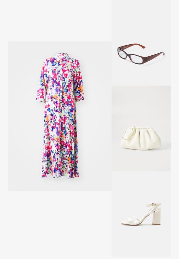 Bloemrijke maxi-jurk met kraag, met kleurrijke bloemen op een lichte achtergrond; gemaakt van lichte stof, heeft lange mouwen en een knoopsluiting.; Witte sandaal met hoge blokhak, twee voorriemen en een enkelriem met een gouden gesp op een effen achtergrond.; Bruin getinte rechthoekige brillen met een glanzende afwerking, met slanke pootjes en doorzichtige glazen. Logo zichtbaar op de linkertempel.; Witte leren handtas met een geassembleerd ontwerp, voorzien van een gouden kettingband en een ronde vorm. Gladde textuur met zachte plooien en geen patronen.