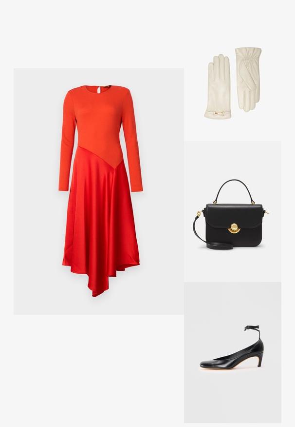 Rode jurk met lange mouwen, een ronde hals en een sleutelgat achter. Kenmerkt een gladde top en een asymmetrische satijnen rok met een vloeiende afwerking.; Zwarte leren pump met een spitse neus, slanke hak en enkelbandje met een kwastaccent. Gladde textuur en slank ontwerp.; Zwarte leren handtas met een gestructureerd ontwerp, gouden ronde hardware, bovenhandgreep en afneembare schouderriem. Gladde textuur.; Crème leren handschoenen met een gladde textuur, voorzien van een geplooide pols en gouden hardware-details bij de manchet.