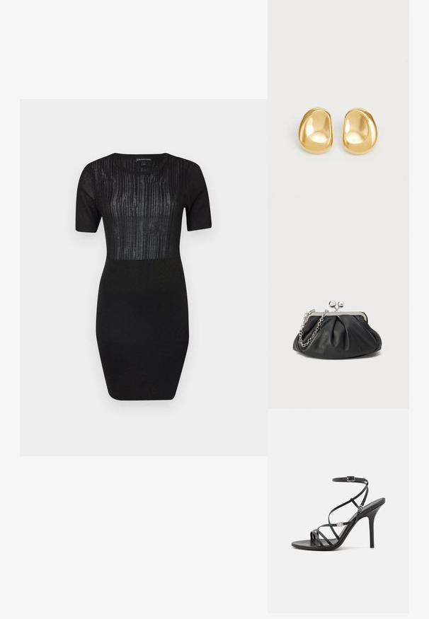 Schwarzes Strickkleid mit kurzen Ärmeln, einer figurbetonten Silhouette und einem texturierten Einsatz mit vertikalen Linien im Oberteil.; Schwarze High-Heel-Sandale mit dünnen Riemen, einem Knöchelverschluss, einer glatten Lederoberfläche und einem schlanken Stiletto-Absatz.; Schwarze Leder-Clutch mit geraffter Textur, silberfarbener Metallrahmen, Druckverschluss und Kettenriemen. Glatte, weiche Oberfläche.; Goldfarbene Ohrstecker mit einer glatten, runden Form und einer reflektierenden Oberfläche, die ein minimalistisches Design ohne sichtbare Muster zeigen.