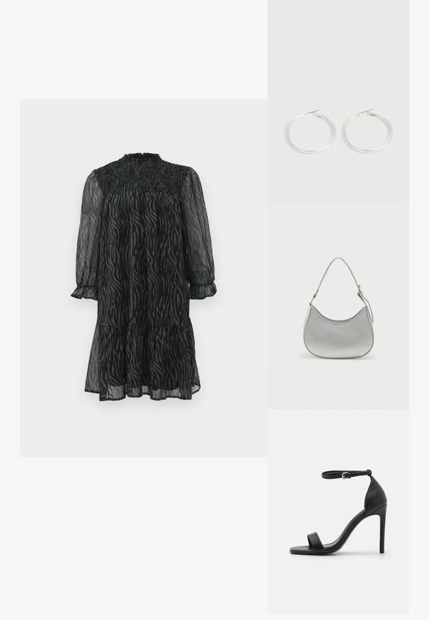 Robe longue en dentelle à motifs zèbre noir et gris, avec un col à volants et un ourlet à volants, ainsi qu'un détail smocké sur le yoke.; Sandale noire à talons hauts au design épuré, avec une bride au niveau de la cheville, un bout ouvert et une texture en cuir lisse.; Sac à main en simili cuir argenté avec une forme incurvée, une courte bandoulière ajustable et une texture lisse, présentant un minimum de détails de couture.; Paire de boucles d'oreilles créoles argentées brillantes avec fermoirs en fil fin, présentée sur un fond gris clair.