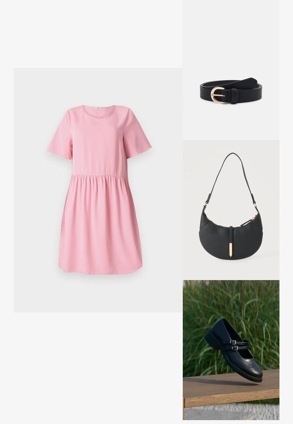 Robe rose courte en tissu doux avec des manches courtes, un col rond et une taille froncée. Texture lisse, design simple.; Chaussure Mary Jane en cuir noir avec doubles brides bouclées et détails brogue, flottant au-dessus d'un banc en bois avec en arrière-plan de l'herbe verte.; Sac à main noir en forme de croissant avec une bandoulière unique, une fermeture éclair dorée et une languette décorative rectangulaire dorée à l'avant.; Ceinture en cuir noir avec une boucle en métal doré, texture plate et un seul support ; présente une finition lisse et un design minimaliste.