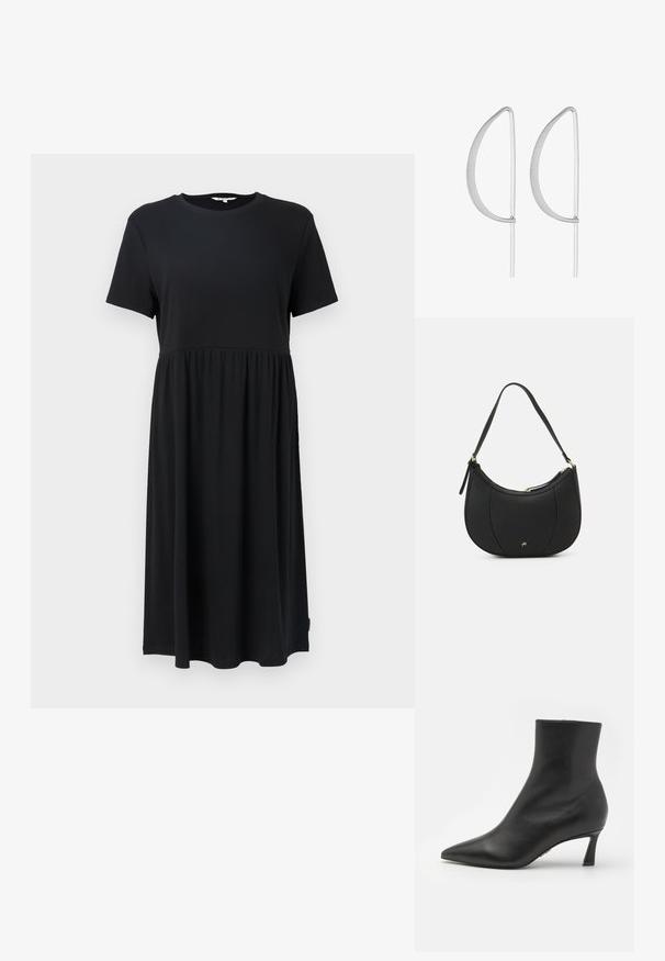 Vestido negro de manga corta con cuello redondo, que presenta un cuerpo ajustado y una falda fluida por debajo de la rodilla. Fabricado con tejido suave.; Steve Madden LULAH - Botines bajos - black; Bolso de mano de cuero negro con forma curva, superficie texturizada, costuras frontales y un logo en tono dorado. Cuenta con una sola correa ajustable.; Pendientes de metal plateado con un diseño curvado minimalista, que presentan formas de lágrima abiertas y alargadas con un acabado mate.