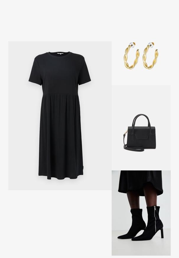 Schwarzes Kurzarmkleid mit Rundhalsausschnitt, mit einem taillierten Oberteil und einem fließenden Rock, der unter dem Knie endet. Hergestellt aus weichem Stoff.; Schwarze Ankle-Boots mit einem dehnbaren Stoff-Oberteil, spitzem Zehenbereich und seitlichem Reißverschluss, auf einem schlanken, hohen Absatz.; Schwarze strukturierte Handtasche aus Leder mit einem oberen Tragegriff, abnehmbarem Schulterriemen und einer Klappe auf der Vorderseite. Akzente in Goldmetall.; Goldene, gedrehte Creolen mit glatter Oberfläche, ausgestattet mit transparentem Rücken und goldfarbenen Beschlägen.