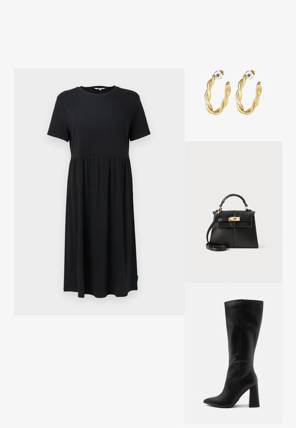 Vestido negro de manga corta con cuello redondo, que presenta un cuerpo ajustado y una falda fluida por debajo de la rodilla. Fabricado con tejido suave.; Botín alto de cuero negro con punta puntiaguda y tacón alto y grueso sobre un fondo claro y liso.; Bolso de cuero negro con un diseño estructurado, asa superior, correa desmontable y herrajes en tono dorado en un cierre magnético.; Pendientes de aro retorcidos en oro con una superficie lisa, que cuentan con un respaldo transparente y herrajes en tono dorado.