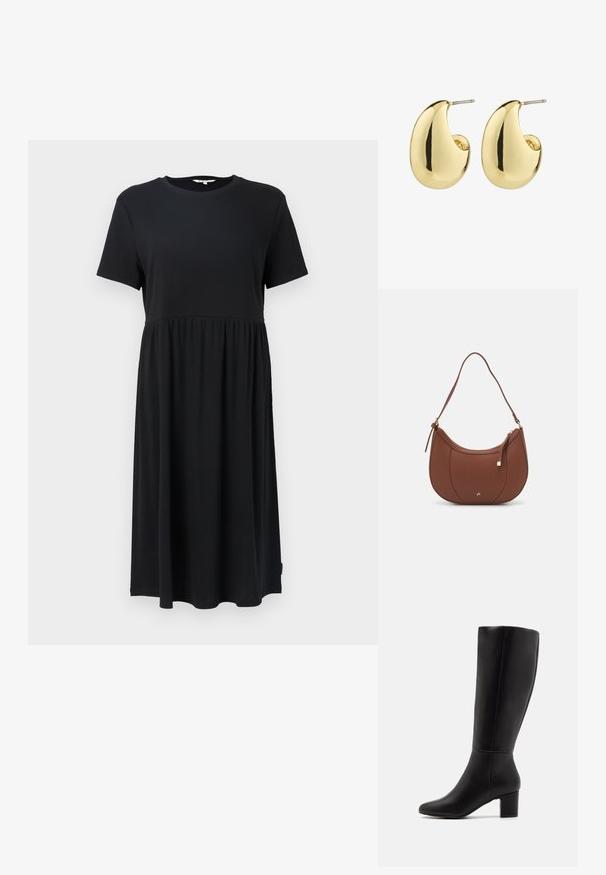 Zwart kortjarig kleed met ronde halslijn, met een aansluitende bovenkant en een vloeiende rok tot onder de knie. Gemaakt van zachte stof.; Anna Field by Zalando Laarzen - black; Bruine faux leren schoudertas met een gebogen vorm, minimale stiksels en een gouden hardware-accent. Voorzien van een bovenste ritsluiting en een verstelbare schouderband.; Gouden studs met een gladde, gepolijste afwerking, in een abstracte, druppelvorm. Eenvoudige metalen achterzijde voor bevestiging.