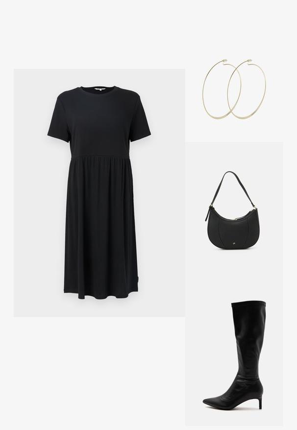 Vestido negro de manga corta con cuello redondo, que presenta un cuerpo ajustado y una falda fluida por debajo de la rodilla. Fabricado con tejido suave.; Bota de cuero negra hasta la rodilla con punta puntiaguda y tacón medio delgado sobre un fondo claro y liso.; Bolso de mano de cuero negro con forma curva, superficie texturizada, costuras frontales y un logo en tono dorado. Cuenta con una sola correa ajustable.; Pilgrim Pendientes - gold-coloured
