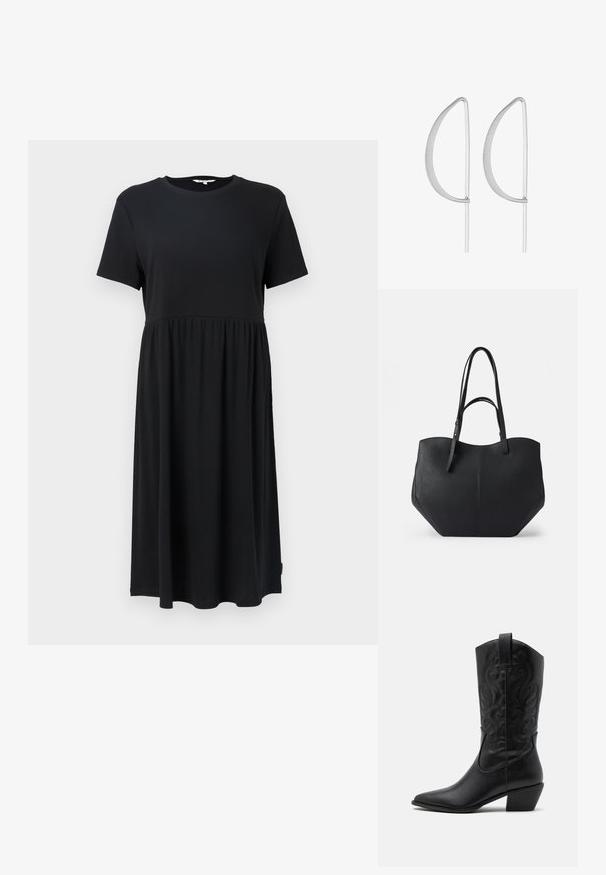 Vestido negro de manga corta con cuello redondo, que presenta un cuerpo ajustado y una falda fluida por debajo de la rodilla. Fabricado con tejido suave.; Botas de vaquero de cuero negro con punta afilada, patrones en relieve en espiral y un tacón de altura media. Presentan una lengüeta para facilitar el uso.; Bolsa tote negra de cuero liso y texturizado, con parte superior redondeada y dobles asas largas. Presenta una base angular para estabilidad y un diseño estructurado.; Pendientes de metal plateado con un diseño curvado minimalista, que presentan formas de lágrima abiertas y alargadas con un acabado mate.