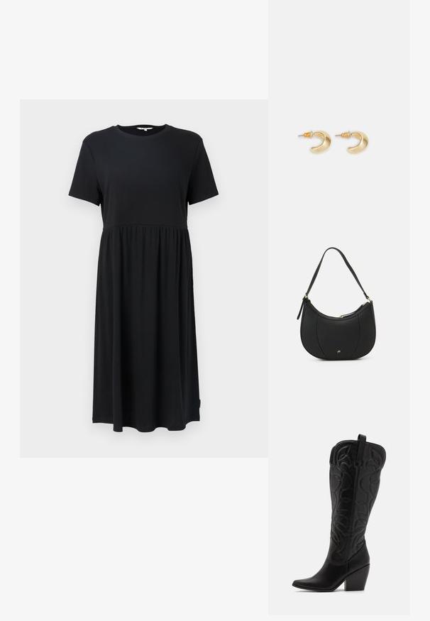 Vestido negro de manga corta con cuello redondo, que presenta un cuerpo ajustado y una falda fluida por debajo de la rodilla. Fabricado con tejido suave.; Botas negras de cuero hasta la rodilla con punta puntiaguda y tacón apilado. Presentan costuras decorativas y elementos de diseño curvados.; Bolso de mano de cuero negro con forma curva, superficie texturizada, costuras frontales y un logo en tono dorado. Cuenta con una sola correa ajustable.; Pendientes en forma de media luna de oro con un acabado suave, que presentan acentos naranjas cerca del pasador y herrajes de plata.