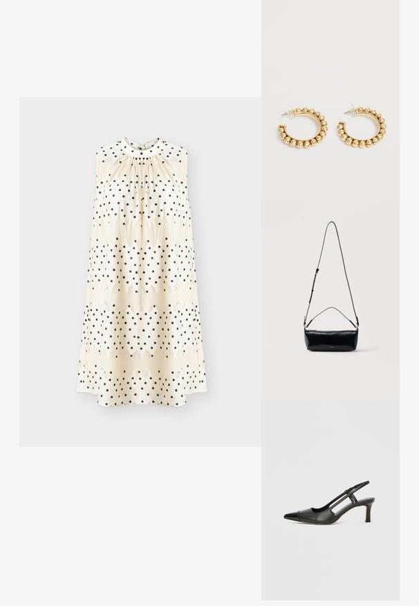 Robe crème sans manches à pois noirs, encolure froncée et silhouette droite et ample.; Chaussure à bride arrière en cuir noir avec bout pointu, dotée d'un accent brillant sur le bout et d'un talon de hauteur moyenne. Design latéral ouvert.; Sac bandoulière rectangulaire en cuir noir avec bandoulière ajustable, fermeture éclair sur le dessus et petit logo Calvin Klein doré sur le devant.; Paire de boucles d’oreilles créoles dorées avec des détails de perles arrondies le long du bord extérieur sur un fond clair.