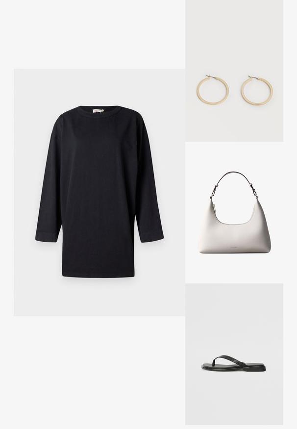 Sort langærmet T-shirt lavet af bomuld, med rund hals og sideskår, med en afslappet pasform og minimalistisk design.; Sorte flip-flops lavet af glat læder, med et tyndt remdesign og en flad sål med et minimalt profil. Ingen bemærkelsesværdige mønstre eller accenter.; Cremefarvet skuldertaske i læder fra Calvin Klein med buet topkant, sølvfarvet lynlås og mørkebrun justerbar rem.; Par af glatte guldfarvede mellemstore øreringe med hængsellukning på en ensartet lys baggrund.