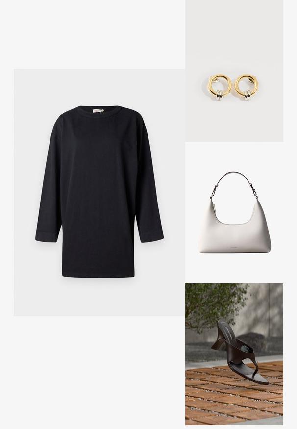 Sort langærmet T-shirt lavet af bomuld, med rund hals og sideskår, med en afslappet pasform og minimalistisk design.; Brun Calvin Klein hælet thong sandal svævende over træflise og grus udendørs med sløret grønt og stenmur i baggrunden.; Cremefarvet skuldertaske i læder fra Calvin Klein med buet topkant, sølvfarvet lynlås og mørkebrun justerbar rem.; Guld cirkulære øreringe med to små sølv-ringe på hver, der viser subtile indgraverede mærkenavne detaljer, sat på en hvid baggrund.