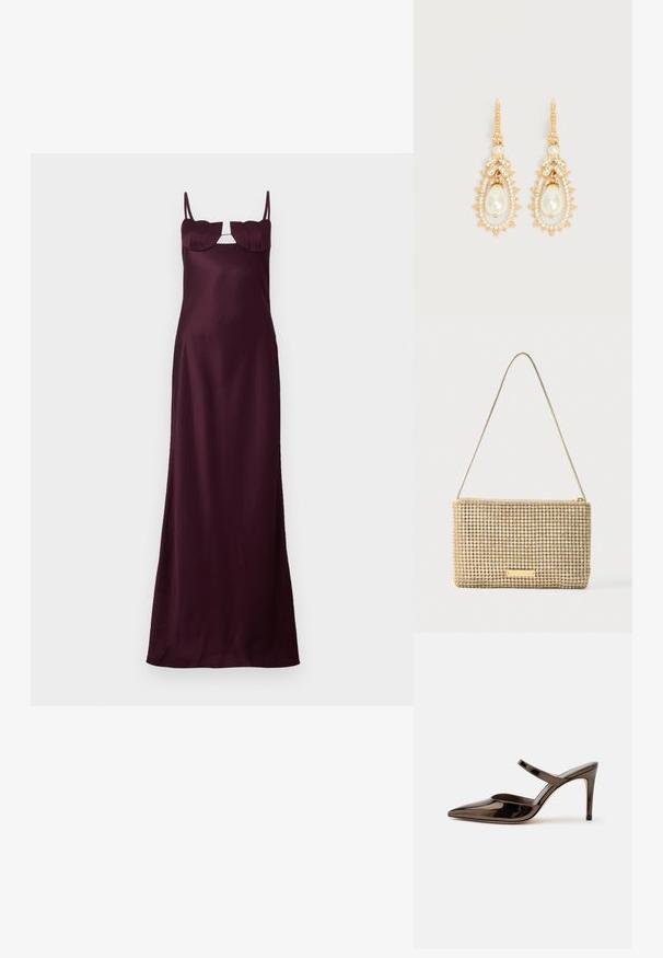 Robe maxi en satin bourgogne avec des fines bretelles, un corsage ajusté et des accents uniques en forme de feuille au niveau du décolleté. Texture lisse et silhouette épurée.; Mule à talon haut marron foncé brillant à bout pointu avec une fine bride sur le coup de pied sur fond blanc uni.; Pochette dorée de forme rectangulaire, recouverte de strass argentés brillants. Dotée d'une fine bandoulière métallique et d'une fermeture éclair.; Boucles d'oreilles pendantes en ton or avec des perles fantaisie en forme de larme, entourées de petits cristaux clairs et d'ornements en cristal en forme de feuille.