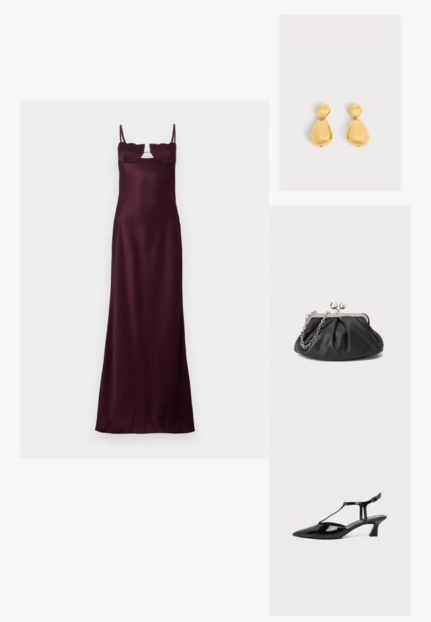 Bordeauxfarbene Satinkleid Maxi mit dünnen Trägern, taillierten Oberteil und einzigartigen blattförmigen Akzenten am Ausschnitt. Glatte Textur und schlanke Silhouette.; Schwarzer Slipper aus Lackleder mit spitz zulaufender Kappe, T-Riemen und niedrigem, schrägem Blockabsatz vor weißem Hintergrund.; Schwarze Leder-Clutch mit geraffter Textur, silberfarbener Metallrahmen, Druckverschluss und Kettenriemen. Glatte, weiche Oberfläche.; Paar glänzende goldene tropfenförmige Ohrringe mit einem kleineren abgerundeten oberen Teil, der mit einem größeren birnenförmigen unteren Teil verbunden ist.