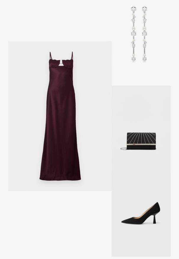Bordeauxfarbene Satinkleid Maxi mit dünnen Trägern, taillierten Oberteil und einzigartigen blattförmigen Akzenten am Ausschnitt. Glatte Textur und schlanke Silhouette.; Schwarze Wildleder-Pumps mit hohem Absatz und spitzer Zehenform, ausgestattet mit einem glänzenden schwarzen Blockabsatz und einem glatten Innenfutter.; Schwarze Clutch mit glatter Textur, verziert mit silbernen Nietenlinien, die radial von der Mitte ausgehen, sowie einem metallischen silbernen Verschluss und einem Kettenriemen.; Lange silberne Ohrringe, die abwechselnd klare Kristalle und weiße Perlenbeads zeigen, mit symmetrischem Design und filigranen Details.