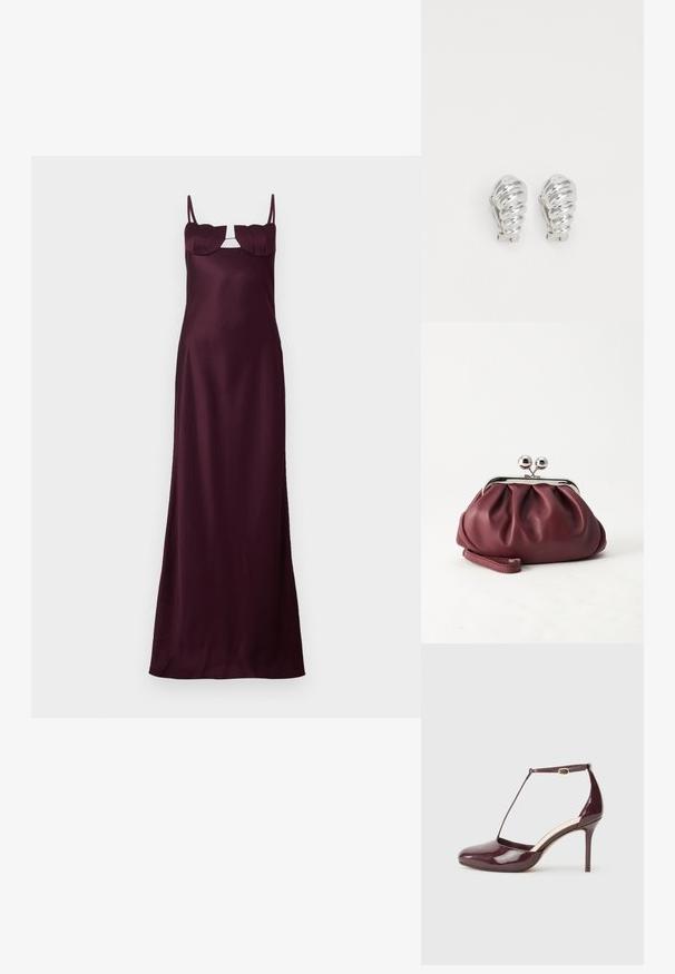 Bordeauxfarbene Satinkleid Maxi mit dünnen Trägern, taillierten Oberteil und einzigartigen blattförmigen Akzenten am Ausschnitt. Glatte Textur und schlanke Silhouette.; Bordeauxroter Lackleder-High-Heel mit spitz zulaufender Schuhspitze, Knöchelriemen mit Schnalle und T-Riemen-Detail vor neutralem Hintergrund.; Kleine burgunderrote Lederclutch mit silbernem Metallverschluss und Handgelenksriemen auf weißem Hintergrund.; Silberne Clip-On-Ohringe mit spiralförmigem Design, das eine glatte metallische Textur und abgerundete Formen aufweist. Keine sichtbaren Verzierungen oder Muster.